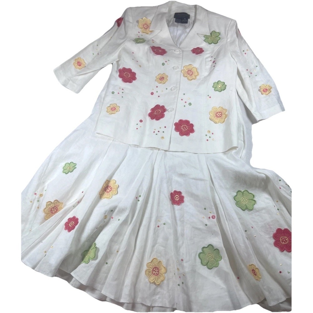 Natasia Collection Top Skirt‎ Set Womens 12 White Linen Floral Embroidered